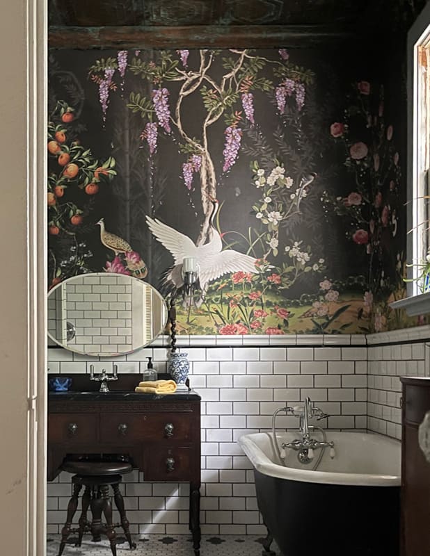 Decorative wallpaper in a refined bathroom interior