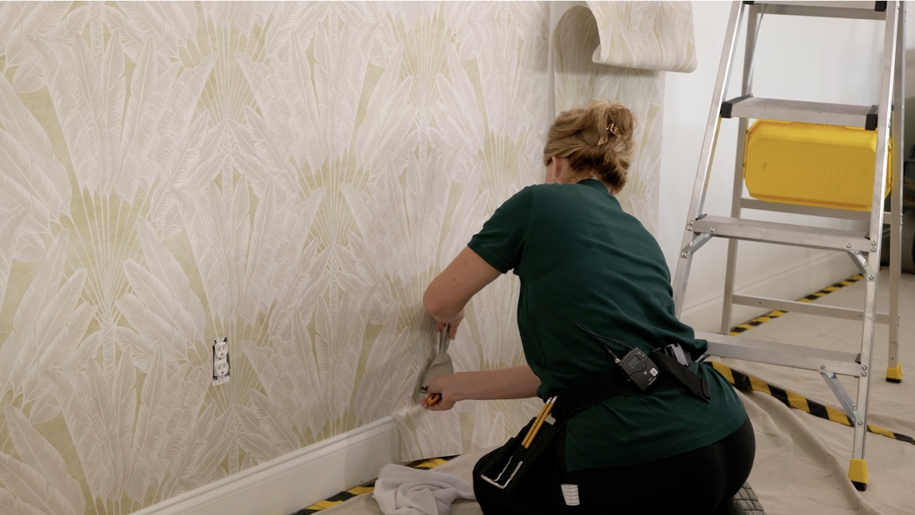 Close wallpaper installation detail on a finished wall